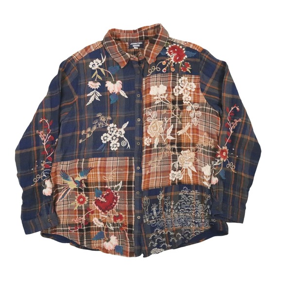 Johnny Was Tops - Johnny Was Workshop Freja Whimsical Plaid Button Down Shirt Womens XL Patchwork